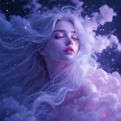 The primary subject of the image is a woman with blonde hair, lying down and looking up at the sky. She is surrounded by a purple cloudy background, which adds a sense of dreaminess and fantasy to the scene. The visual style of the image is a digital art or illustration, with the woman's hair and the cloudy background being the main focus of the composition. The colors and mood of the image are predominantly purple and dreamy, creating a serene and peaceful atmosphere.